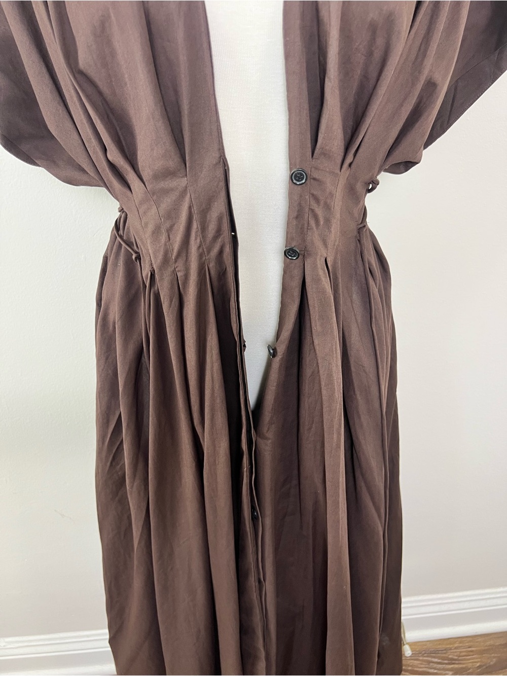NWT Zara Brown Cotton Poplin Puff Sleeve Midi Dress Size M Pockets - Picture 9 of 12
